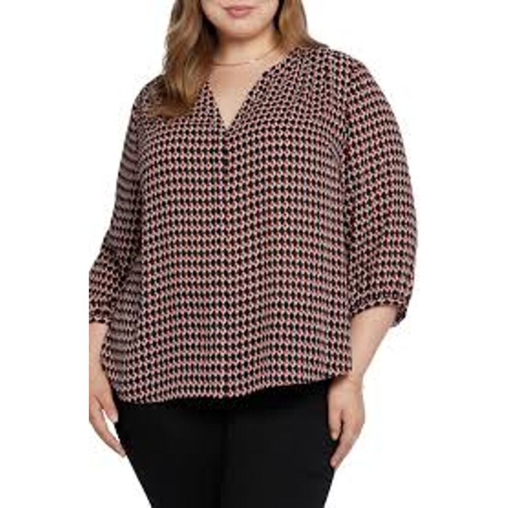 NYDJ Darby Peaks Black Red White Pintuck 3/4" Sleeves Pullover Blouse Top 2X